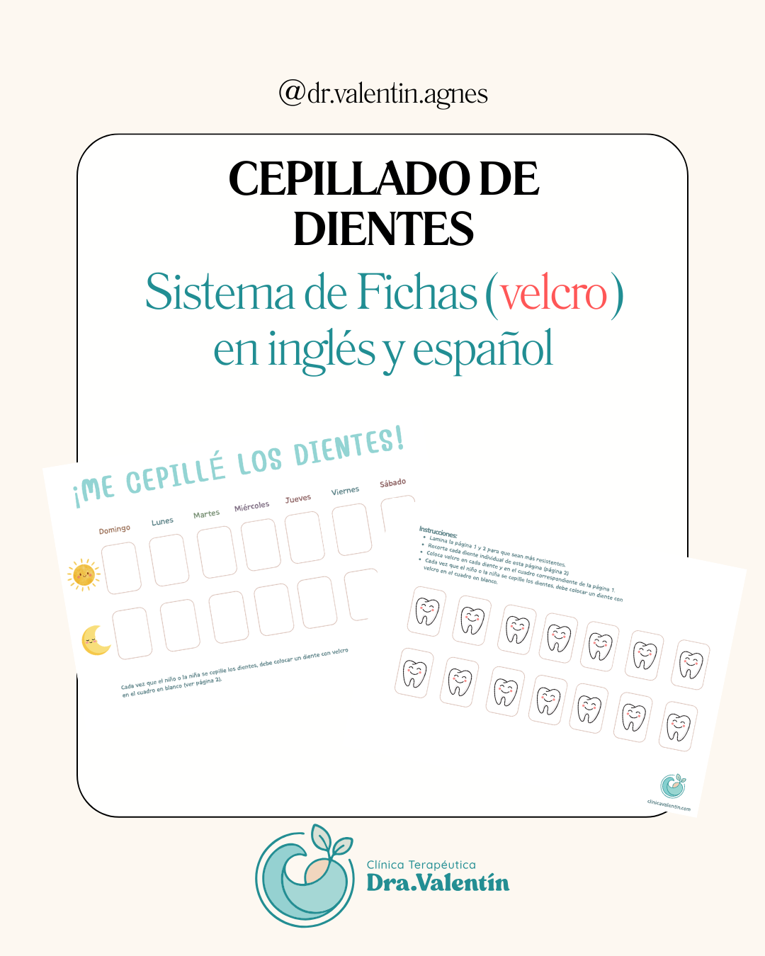 Cepillado de dientes: Sistema de Fichas (velcro) en inglés y español