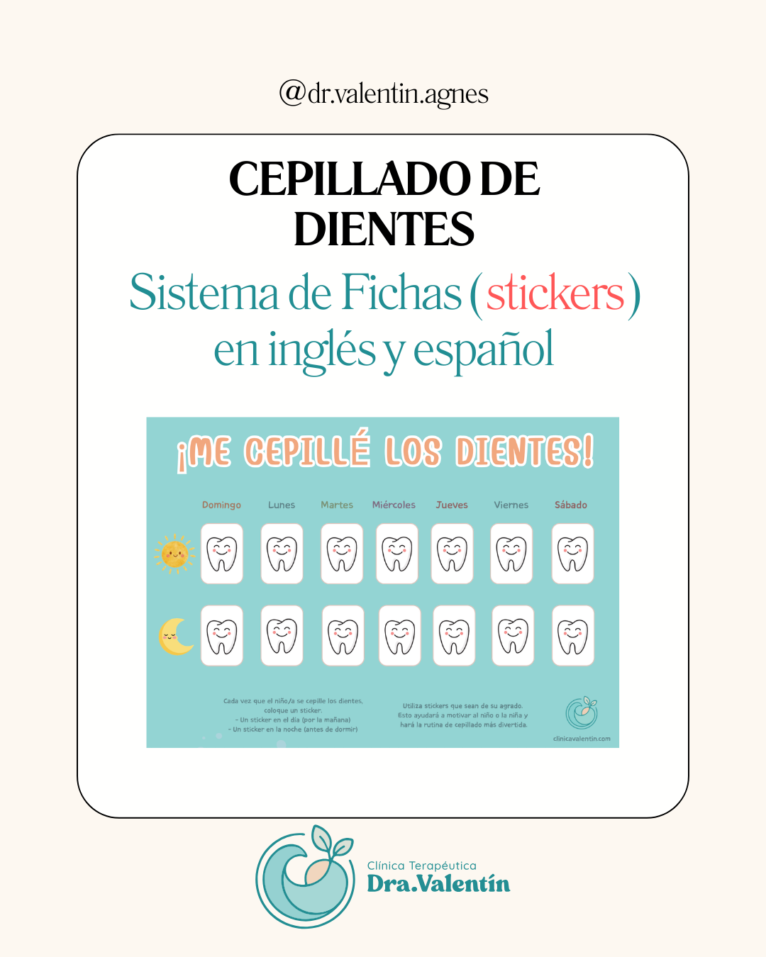 Cepillado de dientes: Sistema de Fichas (stickers) en inglés y español